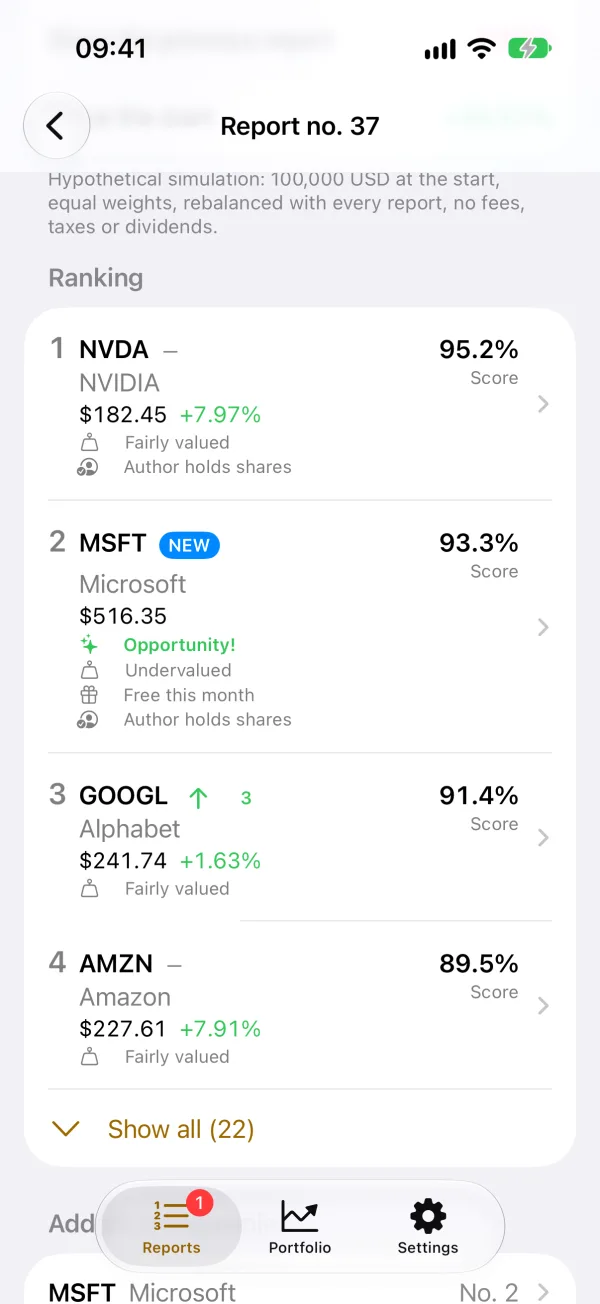 Alpha22 app screen: the ranking of companies in a report with rank changes, scores and prices